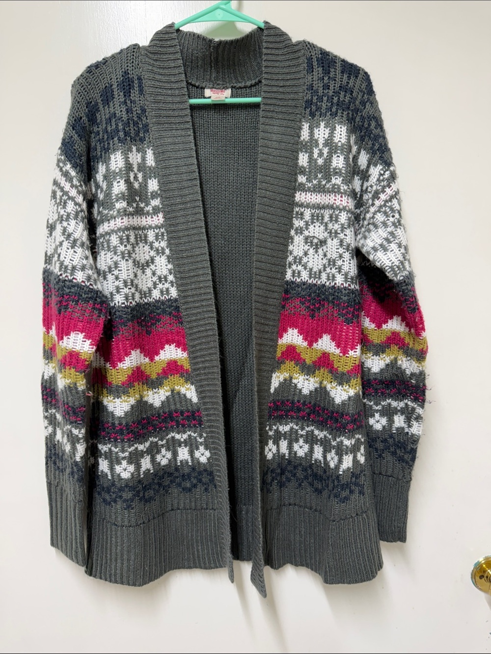 Gray Open-Front Fair Isle Cardigan Sweater with Pink Accents